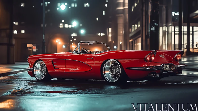 Classic red convertible gleams on moody neon city streets.
