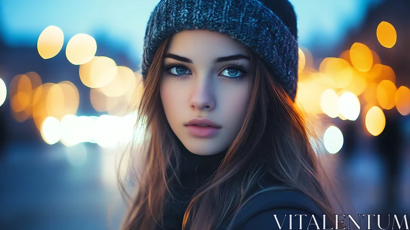 Winter portrait under city bokeh lights at blue hour.