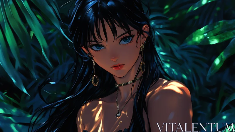Dark haired anime woman in lush tropical jungle light.