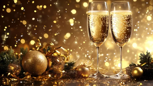 Two champagne flutes with gold ornaments and lights.