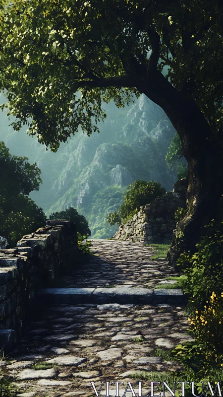Sunlit stone pathway leading toward distant mountain cliffs