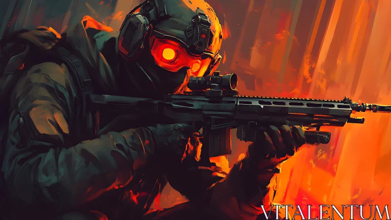 Armored sniper advances through blazing neon battlefield.