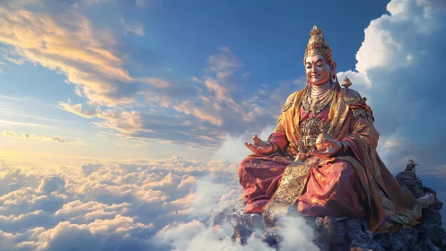 Monumental seated deity rendered in luminous atmospheric perspective