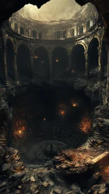 Sunken stone colosseum descends into fiery abyss.