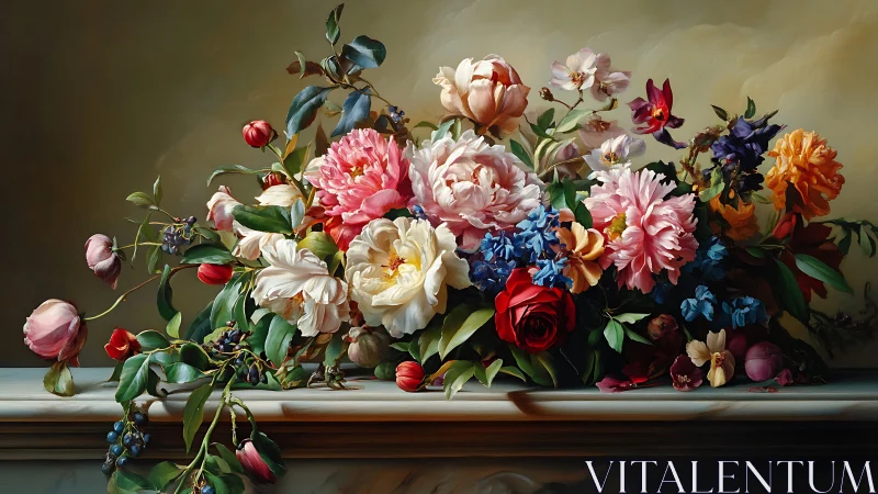 Baroque Floral Arrangement with Peonies, Roses, and Botanical Specimens.