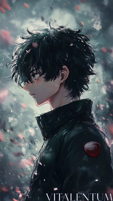 Brooding anime boy in dark jacket amid drifting petals.
