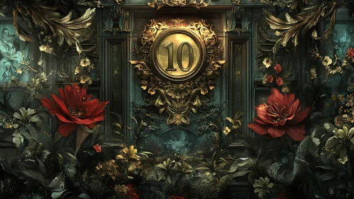 Central gilded number 10 framed by ornate florals