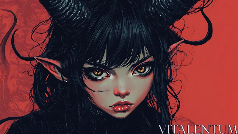 Demonic girl portrait renders high-contrast horns, eyes and hair