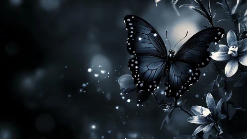 Nocturnal blue butterfly hovers above luminescent floral cluster