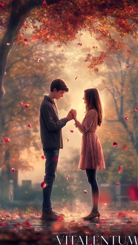 Young couple holding hands in autumn forest with falling red leaves