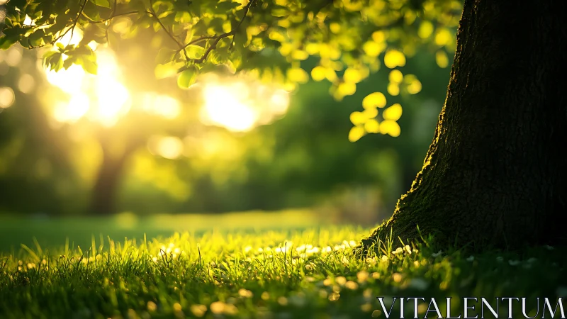 Sunlit Tree Trunk in Lush Park, Warm Nature Photography Style.