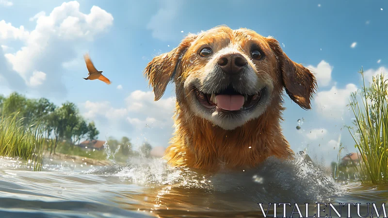 Golden retriever splashing in shallow lake under midday sun.
