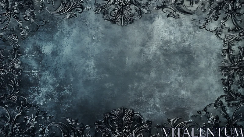 Dark baroque ornamental frame on textured gray background.