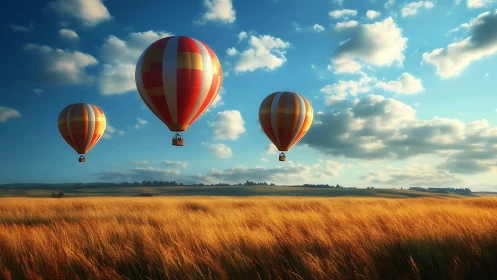 Sunny hot air balloons drifting above golden wheat fields.