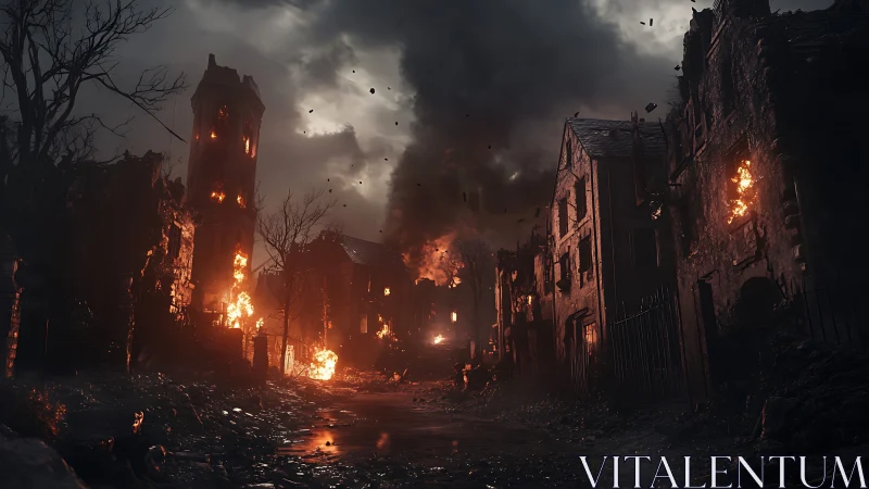 War-damaged city street with burning ruined buildings at dusk.