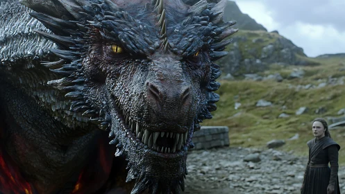 Armored dragon confronts lone figure in misty highlands.