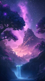 Mountain waterfall under violet nebula sky glows softly