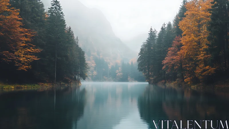 Coniferous Forest Canyon with Autumn Foliage and Specular Water Reflection