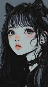 Cat-eared anime girl portrait with soft gray palette.