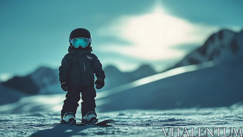 Photorealistic child snowboarder in high-contrast alpine light.