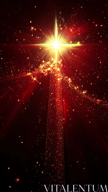 Vertical red light beam with central radiant starburst.