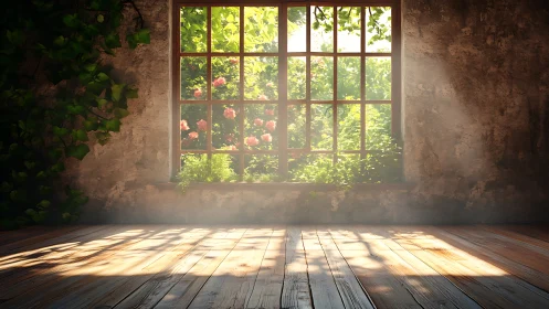 Sunlit room opening gently toward a quiet garden world.