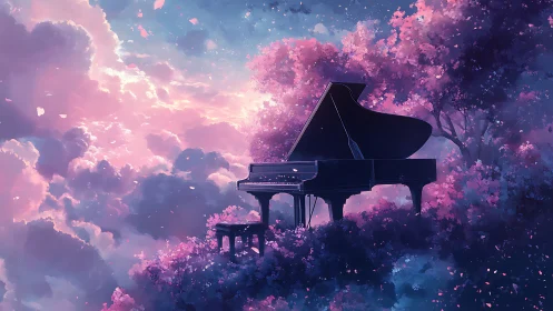 Grand piano suspended in luminous pink clouds and blooming canopy