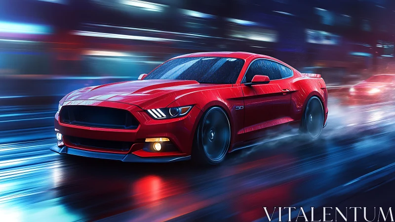 Aerodynamic red sports coupe on wet neon-lit urban roadway.