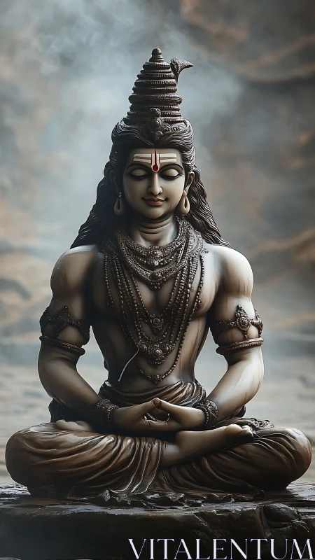 Serene Shiva statue in meditative posture amid swirling mist.