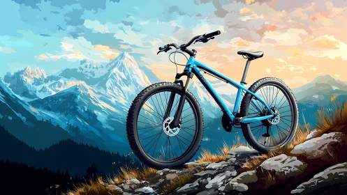 Mountain Adventure: Blue Bike on Alpine Summit.