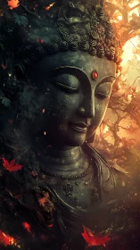 Bronze Buddha bust amid burning foliage and ember-lit haze