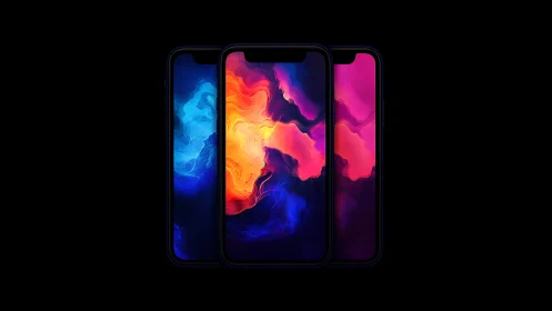 Edge-to-edge smartphones with neon fluid abstract displays.