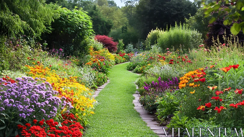 Curved garden path framed by layered summer flower borders.
