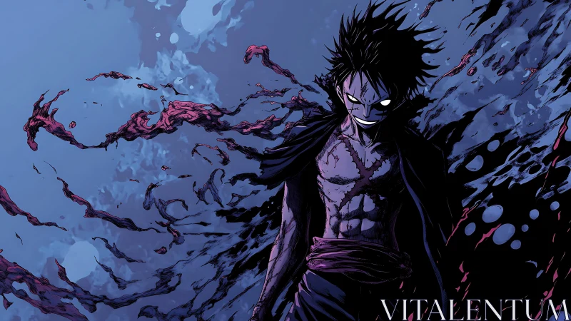 Energetic dark warrior amid turbulent ink-wave turbulence.