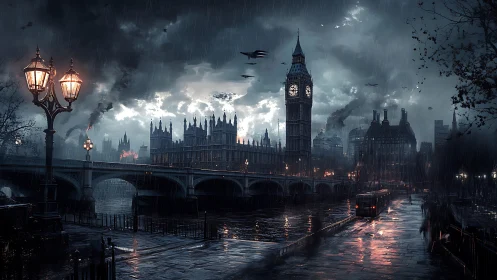 Storm-lashed neo-noir London skyline under burning clouds.
