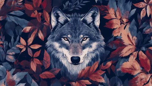 Digital painting portrait of wolf amid autumn foliage symmetry.