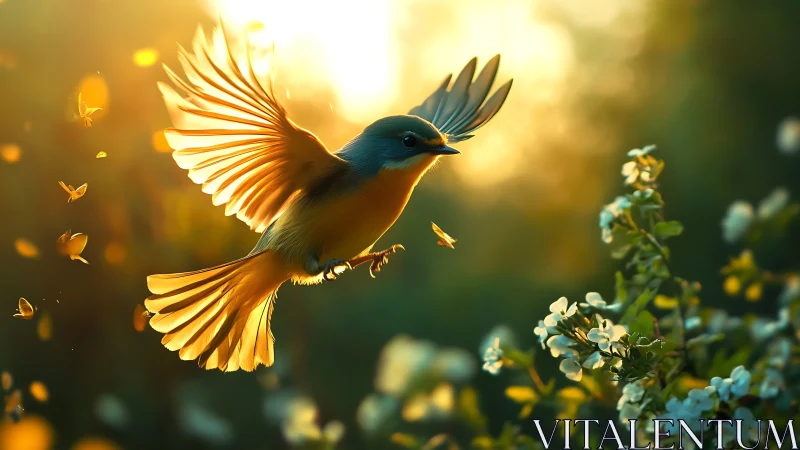 Small songbird hovers near white blossoms under backlight