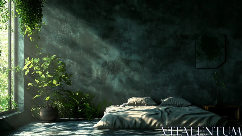 Serene sunlit bedroom with lush indoor plants and shadows.