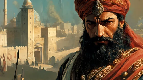 Regal desert warlord before domed citadel at sunrise.