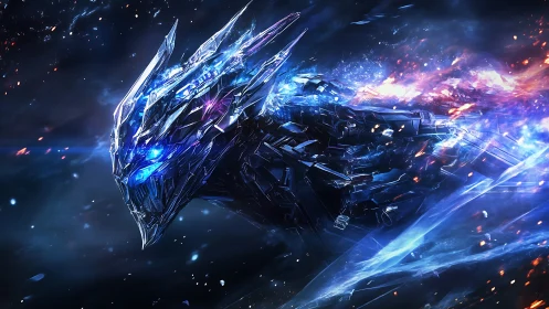 Starforged cyber dragon racing through electric starlight.