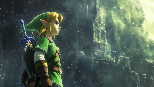 Elf warrior surveys towering ruin in emerald rainstorm.