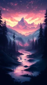 Luminous river flows toward glowing mountain under nebula sky