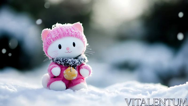 Winter Charm: Pink Plush Cat in Snowy Landscape with Bokeh.