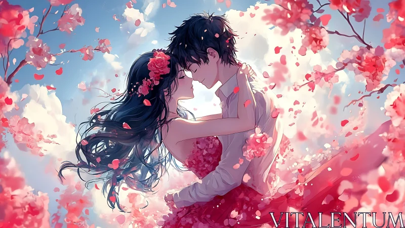 Blossomstorm lovers collide in a petal-bright embrace.