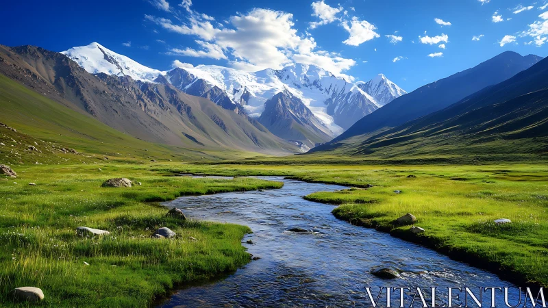 Glacial valley river cuts through alpine meadow toward snow peaks