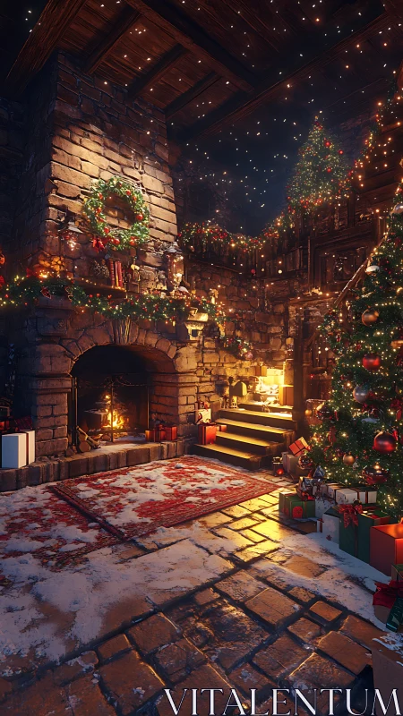 Rustic stone hall glows under rich Christmas lights.