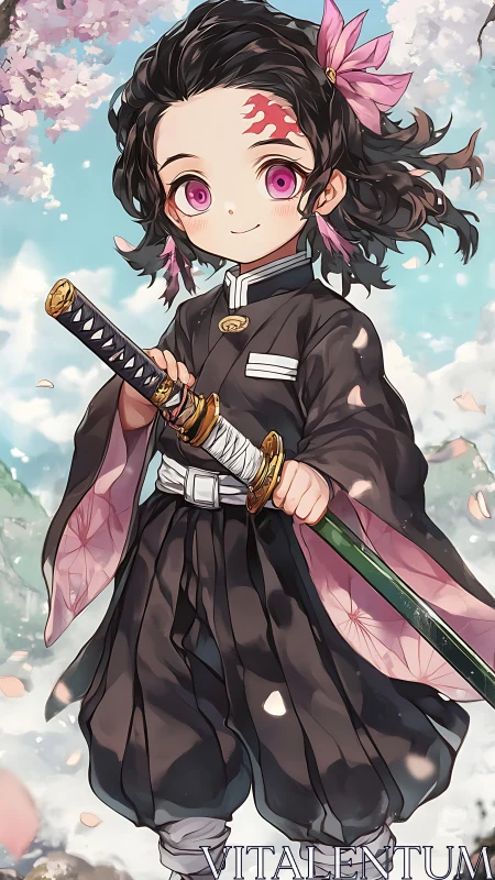 Chibi swordsman under cherry blossoms with pink katana glow.