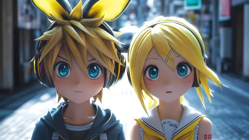Anime twins with headphones in bright city street scene.
