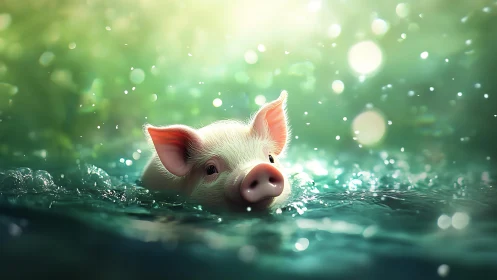 Piglet swims through teal water under glowing bokeh light.