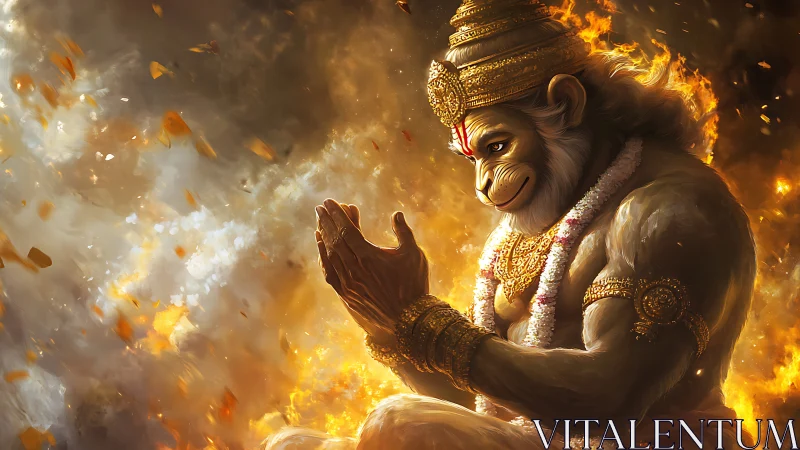 Radiant monkey warrior in quiet devotion amid swirling fire.